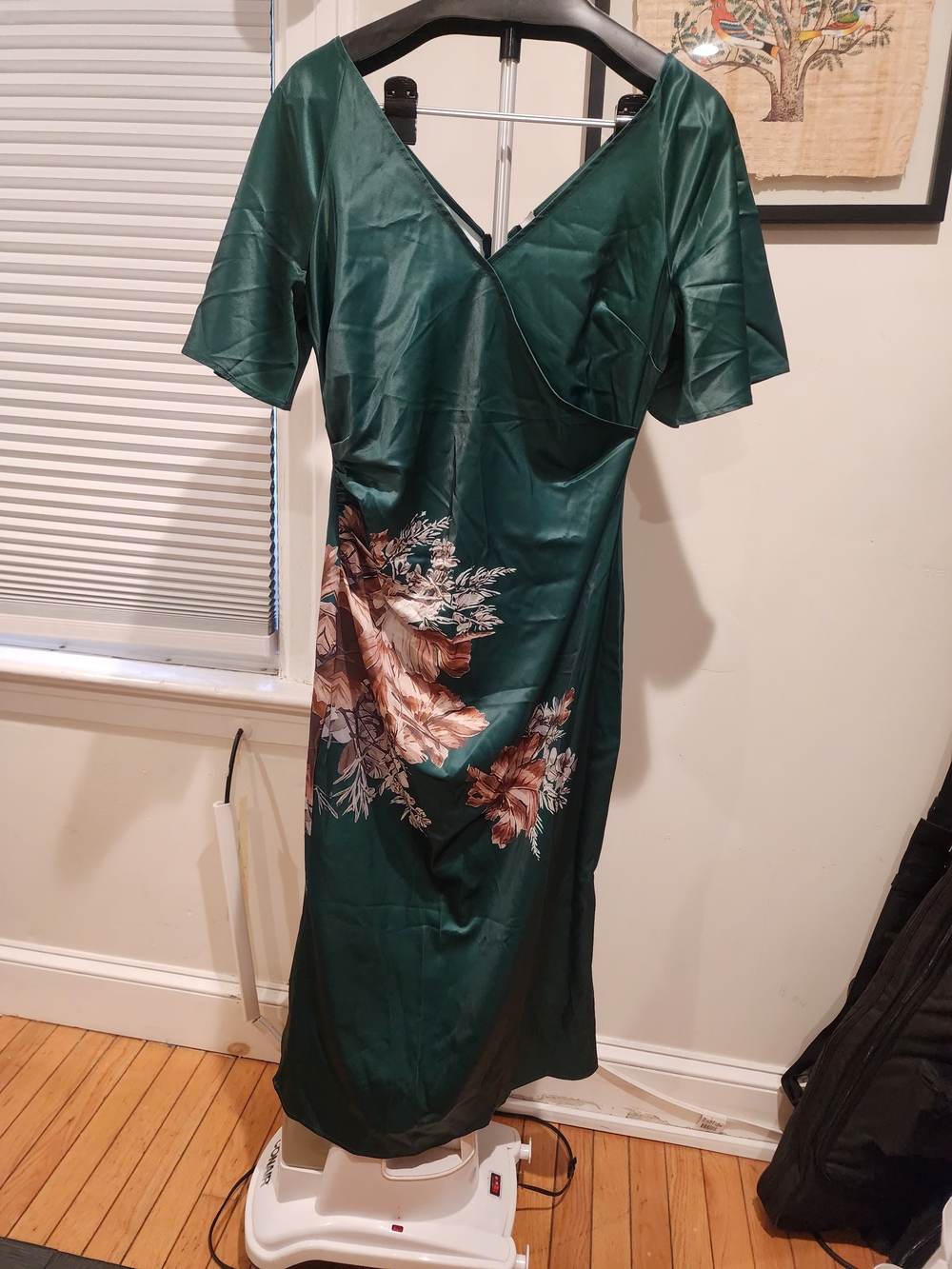 Emerald Green Floral Wrap-Style Midi Dress